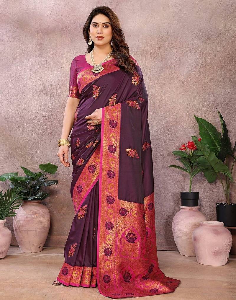Magenta pure silk woven zari work saree with blouse