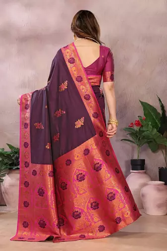 Magenta pure silk woven zari work saree with blouse