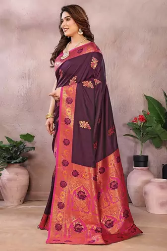 Magenta pure silk woven zari work saree with blouse