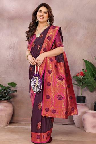 Magenta blended cotton woven zari work saree with blouse