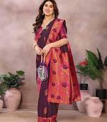 Magenta blended cotton woven zari work saree with blouse