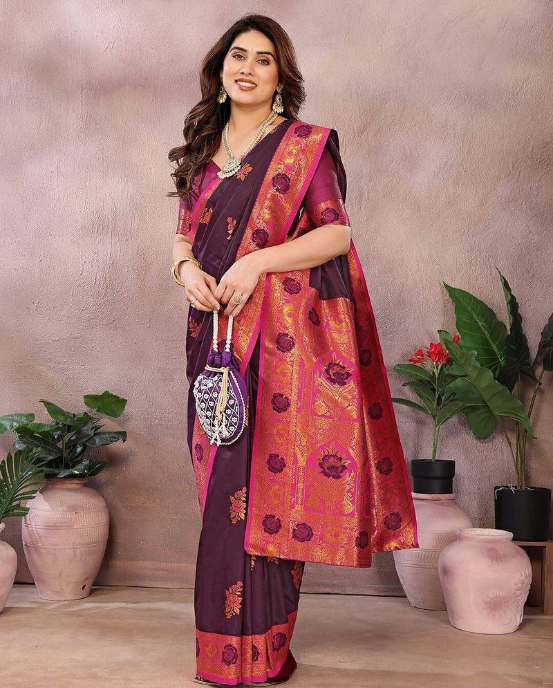 Magenta blended cotton woven zari work saree with blouse