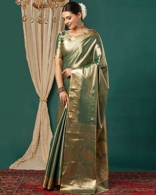Dark green pure silk woven zari work saree with blouse 1