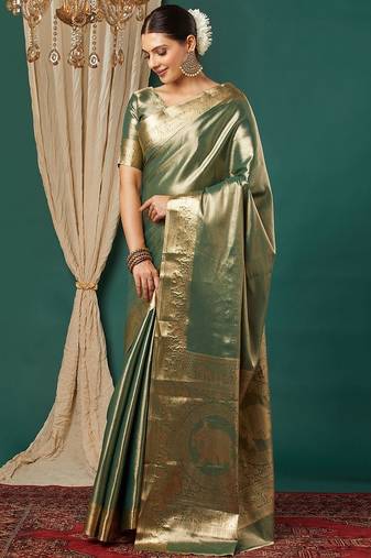 Dark green pure silk woven zari work saree with blouse
