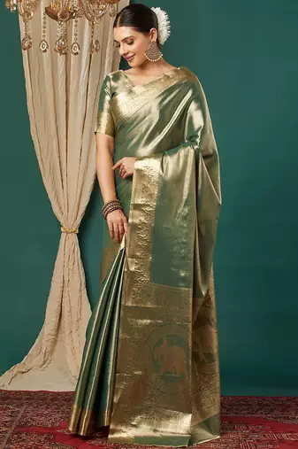 Dark green pure silk woven zari work saree with blouse