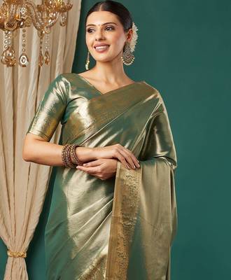 Dark green pure silk woven zari work saree with blouse 2