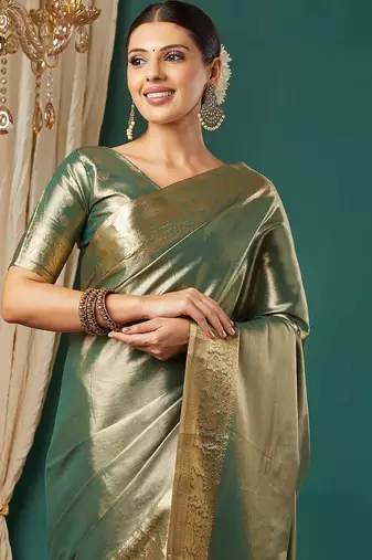Dark green pure silk woven zari work saree with blouse