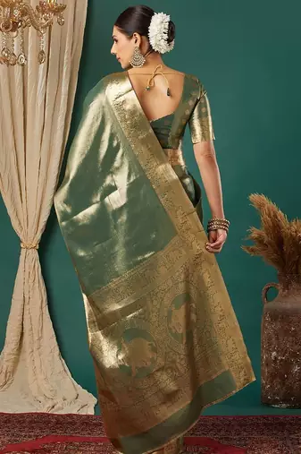 Dark green pure silk woven zari work saree with blouse