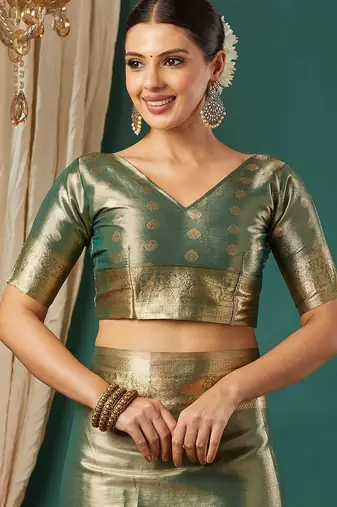 Dark green pure silk woven zari work saree with blouse