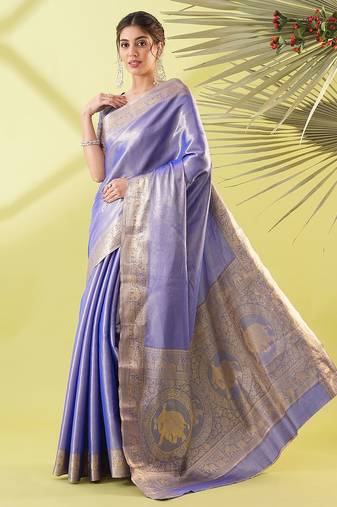 Blue pure silk woven zari work saree with blouse