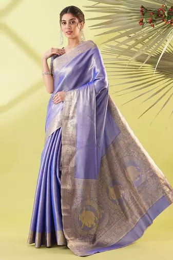 Blue pure silk woven zari work saree with blouse