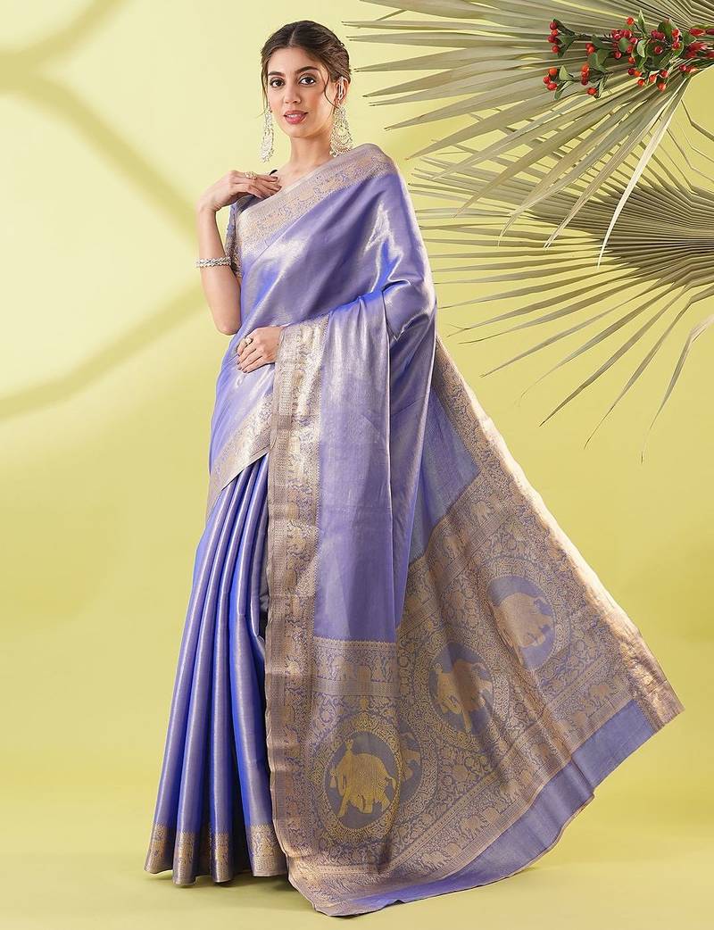 Blue pure silk woven zari work saree with blouse
