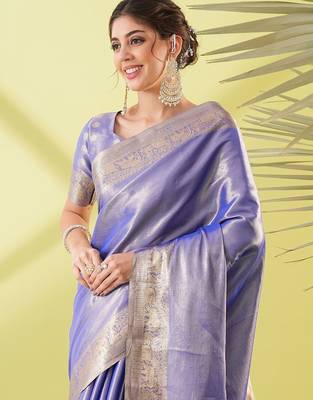 Blue pure silk woven zari work saree with blouse 2
