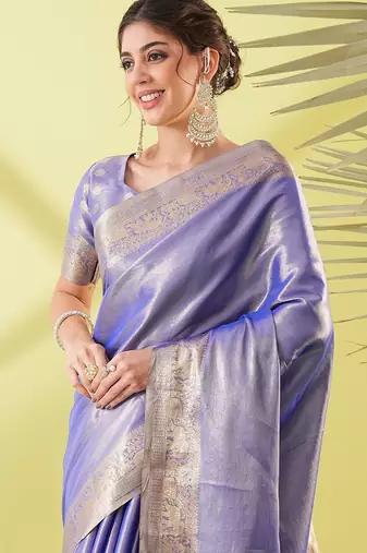 Blue pure silk woven zari work saree with blouse
