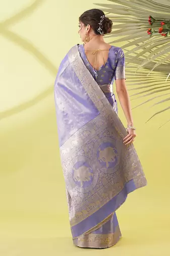 Blue pure silk woven zari work saree with blouse