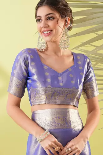 Blue pure silk woven zari work saree with blouse