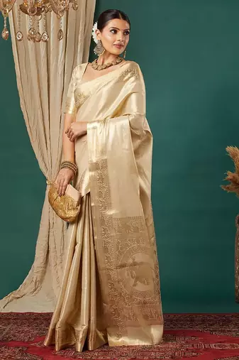 Beige pure silk woven zari work saree with blouse