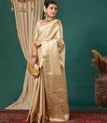 Beige pure silk woven zari work saree with blouse