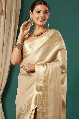 Beige pure silk woven zari work saree with blouse