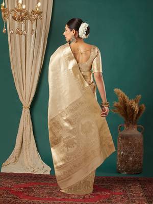 Beige pure silk woven zari work saree with blouse 3
