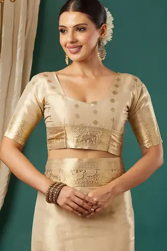 Beige pure silk woven zari work saree with blouse