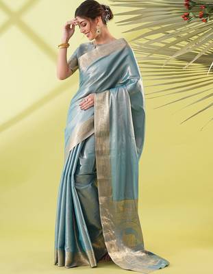 Light blue pure silk woven zari work saree with blouse 1
