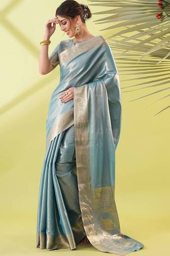 Light blue pure silk woven zari work saree with blouse