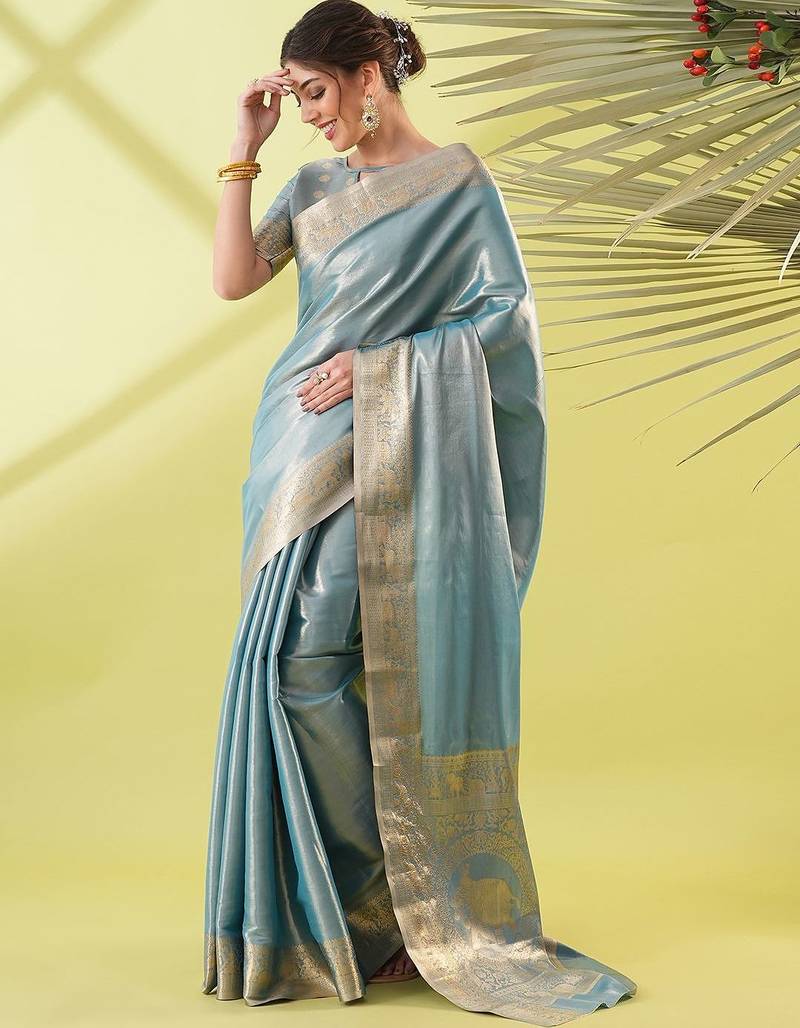 Light blue pure silk woven zari work saree with blouse