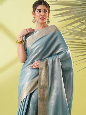 Light blue pure silk woven zari work saree with blouse 2