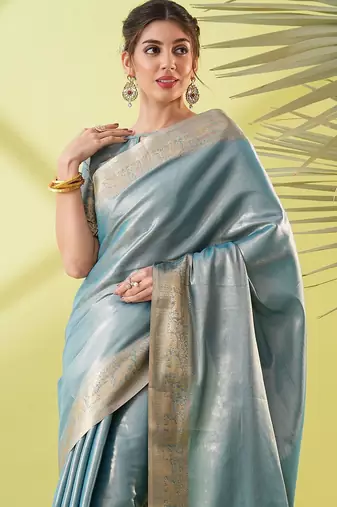Light blue pure silk woven zari work saree with blouse