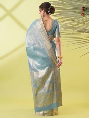 Light blue pure silk woven zari work saree with blouse 3