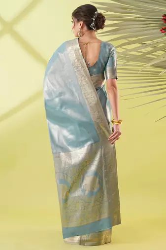Light blue pure silk woven zari work saree with blouse