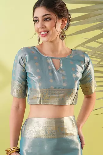 Light blue pure silk woven zari work saree with blouse