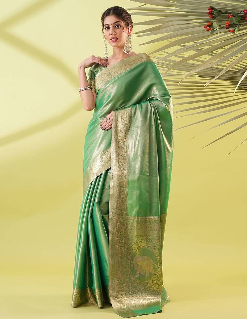 Light green pure silk woven zari work saree with blouse