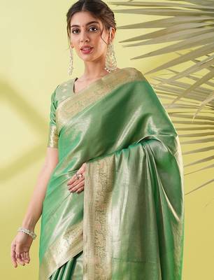 Light green pure silk woven zari work saree with blouse 2