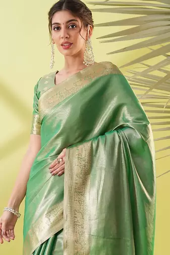 Light green pure silk woven zari work saree with blouse