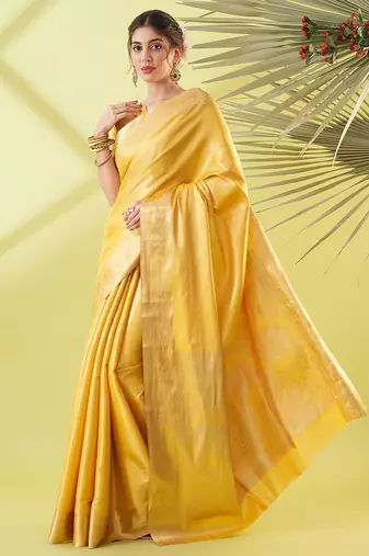 Mustard pure silk woven zari work saree with blouse