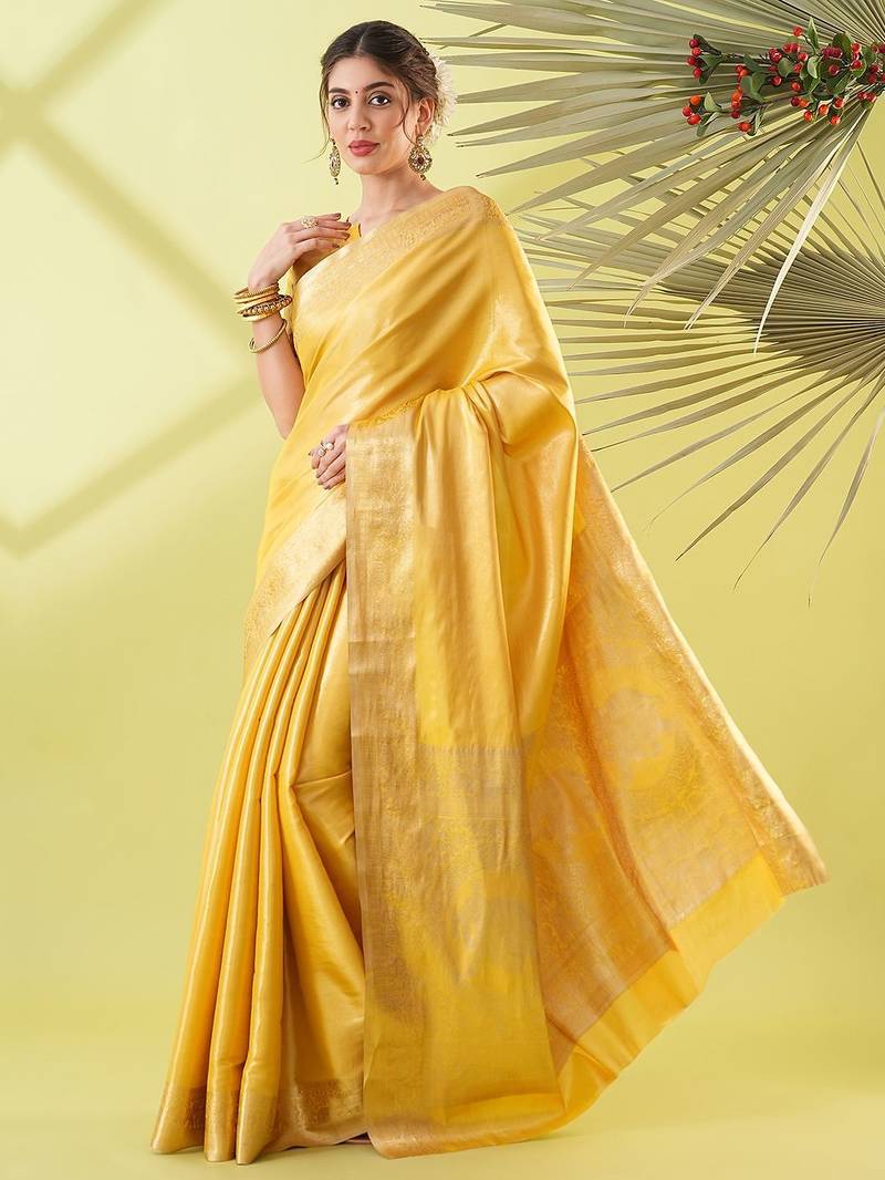 Mustard pure silk woven zari work saree with blouse