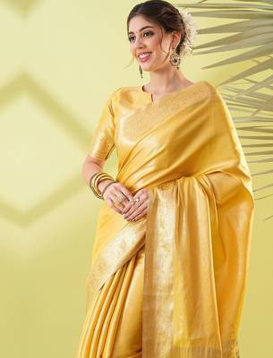 Mustard pure silk woven zari work saree with blouse 2