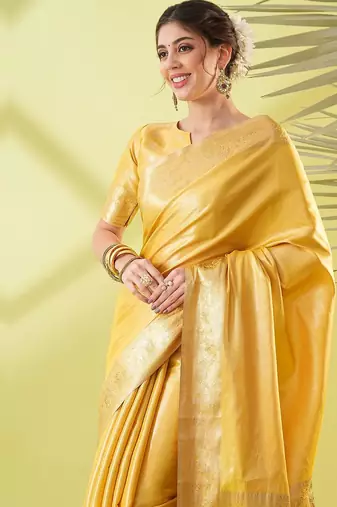 Mustard pure silk woven zari work saree with blouse