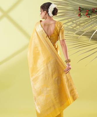 Mustard pure silk woven zari work saree with blouse 3