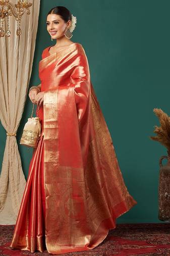 Orange pure silk woven zari work saree with blouse