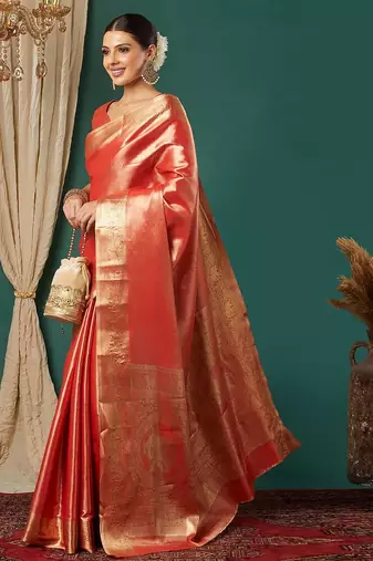 Orange pure silk woven zari work saree with blouse
