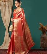 Orange pure silk woven zari work saree with blouse