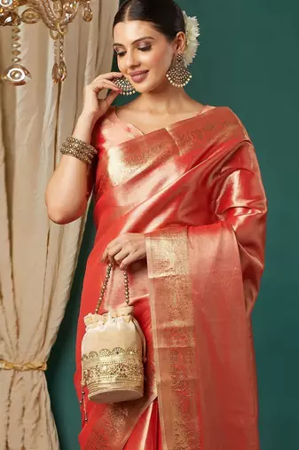 Orange pure silk woven zari work saree with blouse