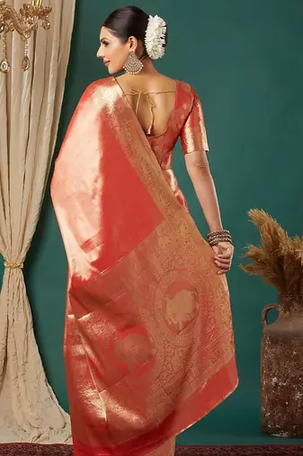Orange pure silk woven zari work saree with blouse