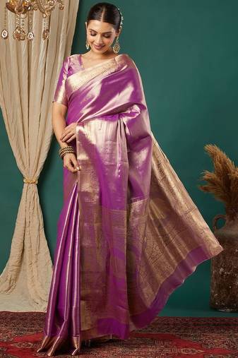Purple pure silk woven zari work saree with blouse