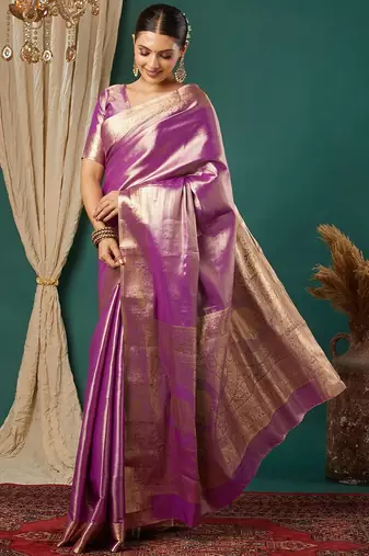 Purple pure silk woven zari work saree with blouse