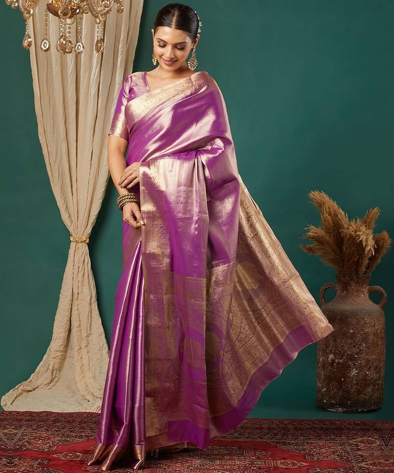 Purple pure silk woven zari work saree with blouse