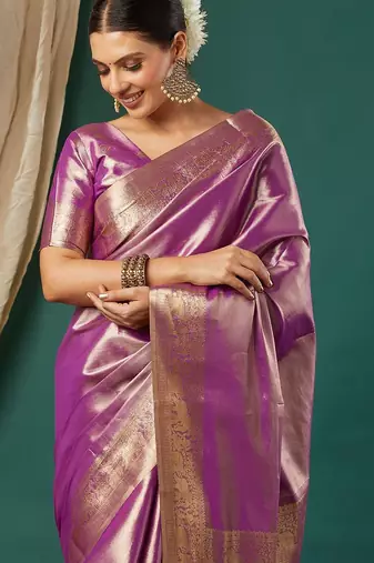 Purple pure silk woven zari work saree with blouse